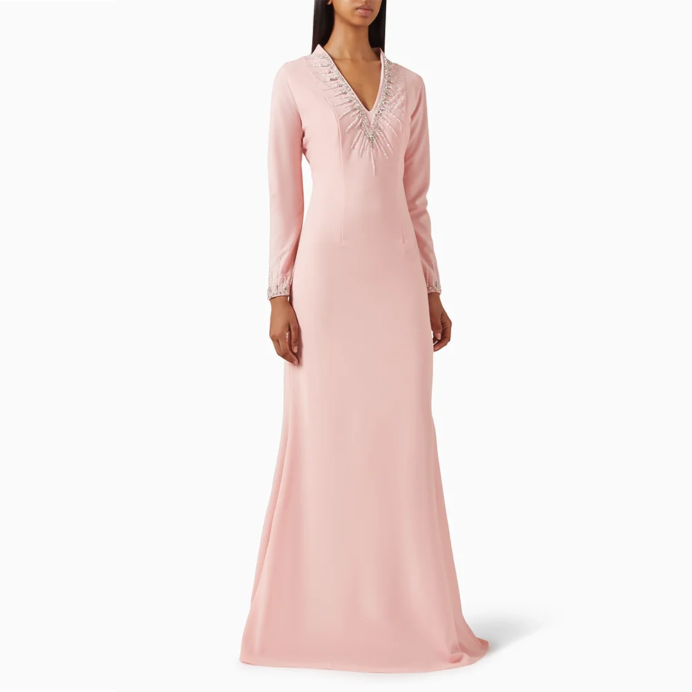 

Классическое розовое вечернее платье из джерси для женщин, с V-образным вырезом и бисерной отделкой, прямое, в пол, для выпускного вечера