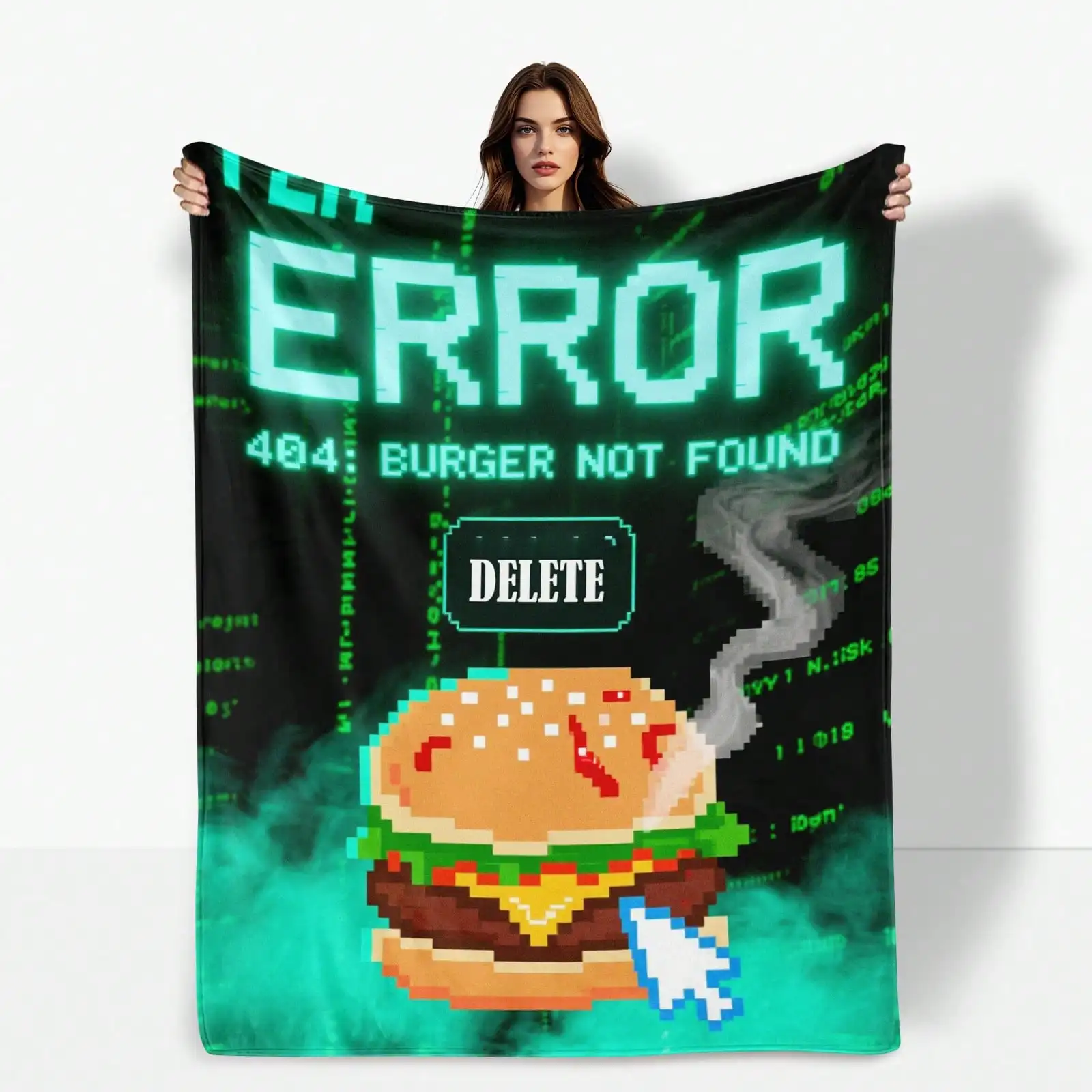 

Transform your decor with this bold blanket showcasing green tones and a giant hamburger blanket with a tech-inspired design