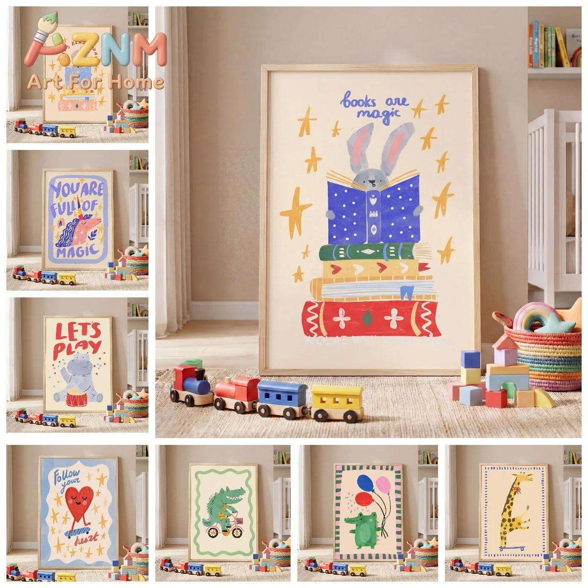 Books Are Magical Rabbits Reading Canvas Print Whimsical Unicorn Giraffe Crocodile Nursery Wall Art Poster for Modern Home Decor