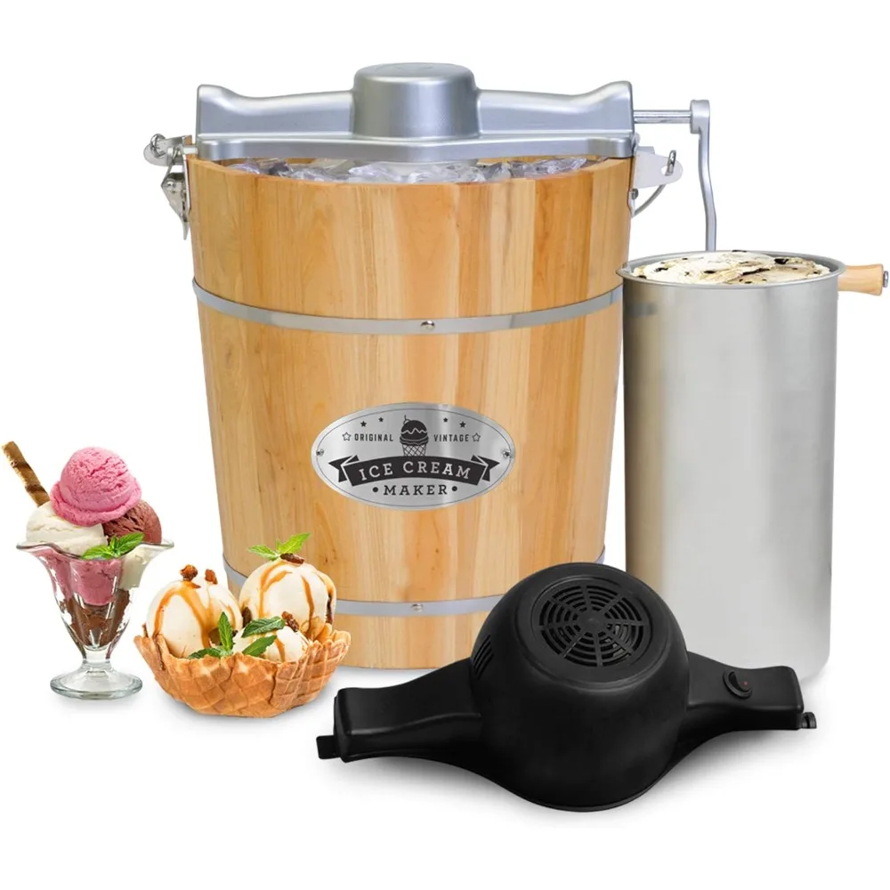 4 Quart Wood Bucket Electric Ice Cream Maker Machine,Bonus Die-Cast Hand Crank,Uses Ice and Rock Salt Churns Ice Cream in Minute