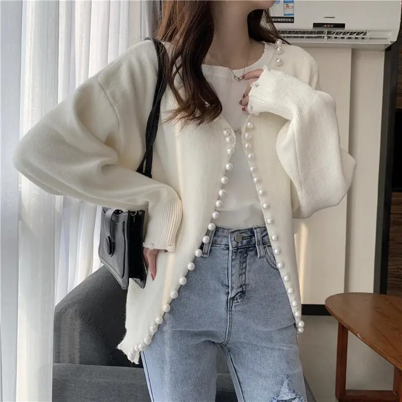 Spring and Autumn Lazy Style Design Sense Pearl Edge Sweater Women\'s French Outfit Versatile Knitted Cardigan Coat