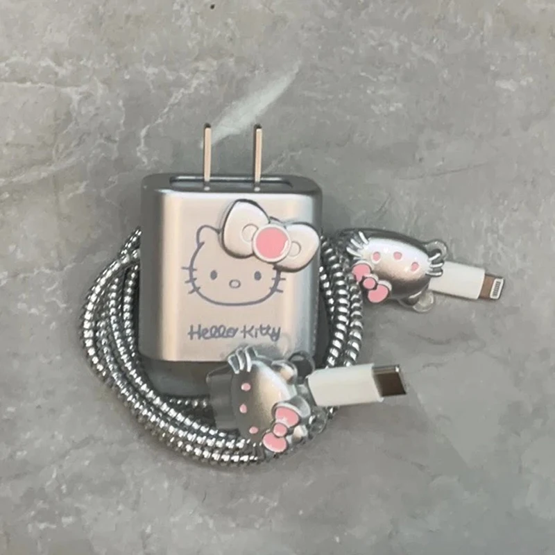 Cute Silver Hello Kitty Data Cable Protective Case DIY Set Suitable for IPhone Charging Head Protective Case Decoration Gift