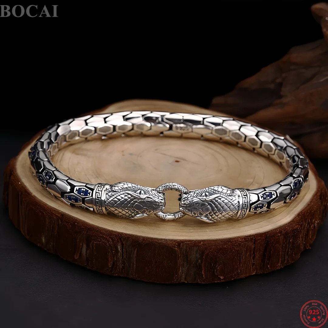 BOCAI NEW S925 Sterling Silver Charms Bangles for Men Snake Pattern Double Snake Head Micro Zircon Bracelets Fine Choice Jewelry