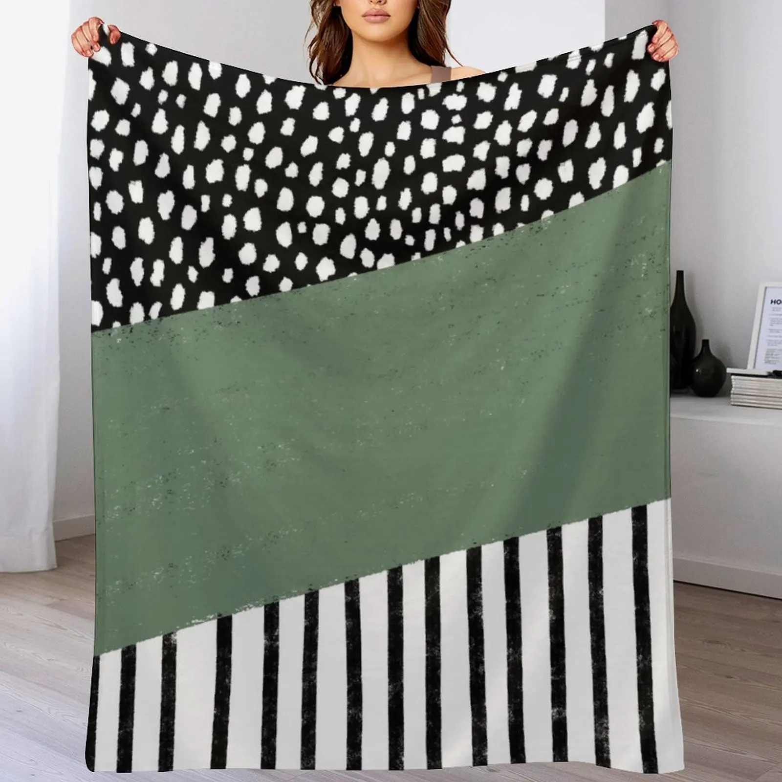 

Polka Dots and Stripes Pattern (black/white/sage green) Throw Blanket Thermal Luxury Thicken Sofa Blankets