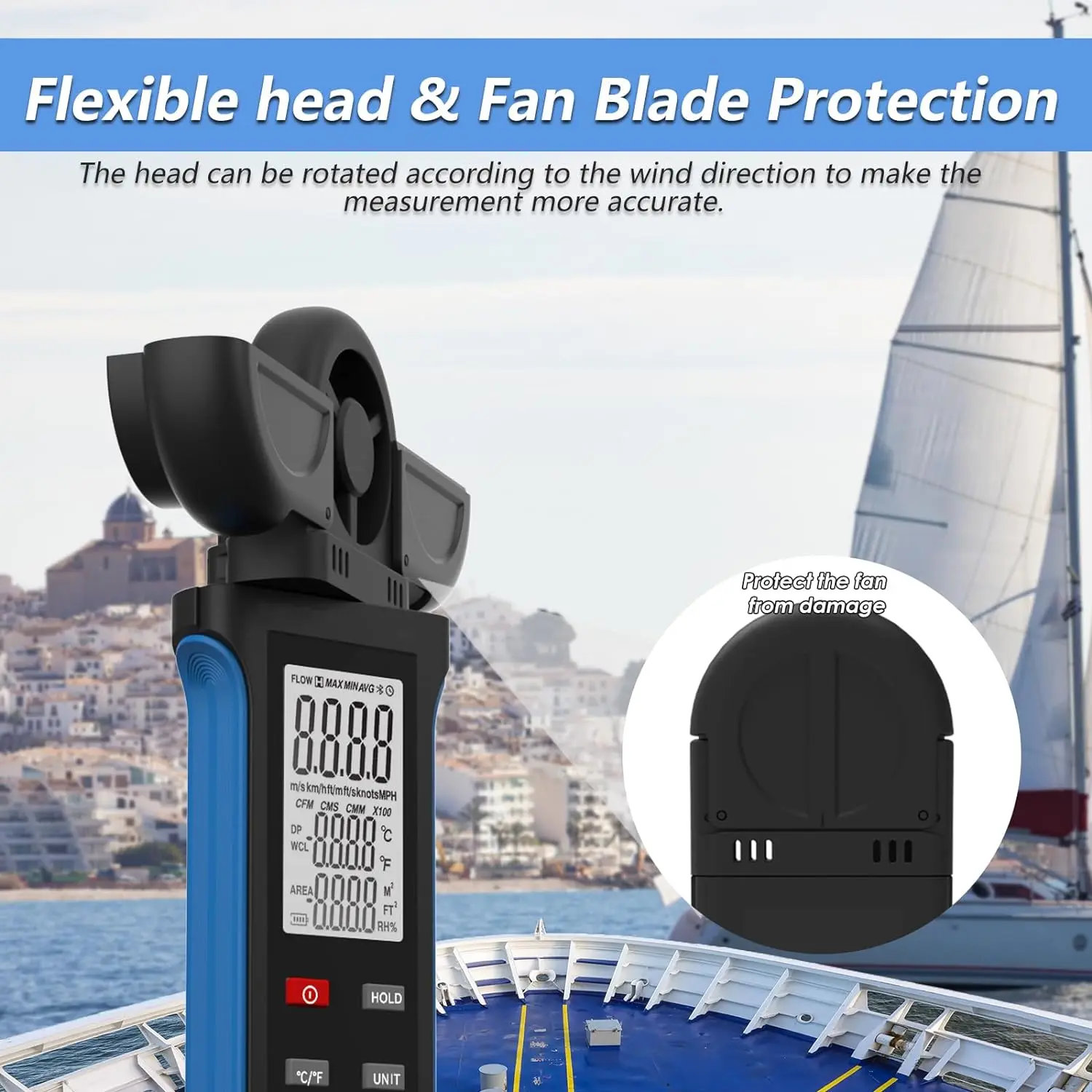 Imagem -05 - Holdpeak Handheld Anemômetro com 270 ° Detector Rotativo e Vane Cover Medidor Digital de Velocidade do Vento Cfm para Hvac Tiro Golf