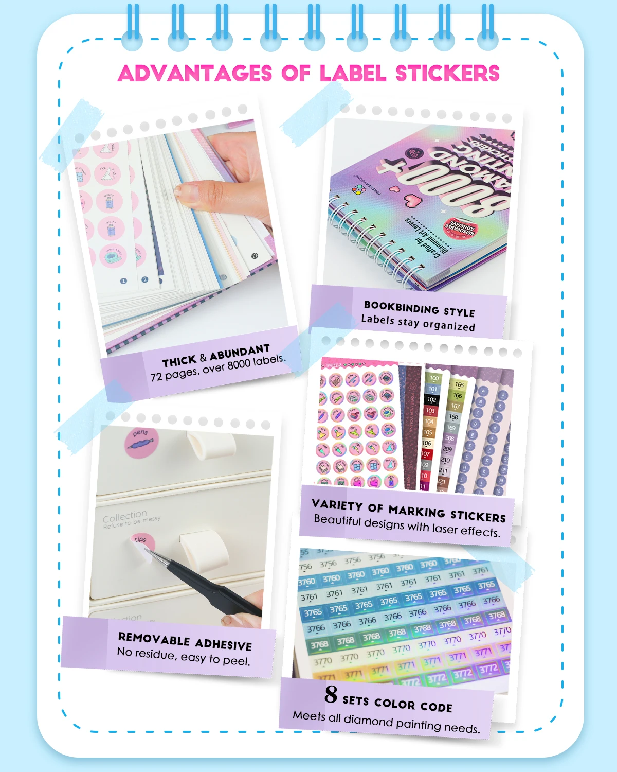 Diamond Painting Sticker Book 72 Pages 8000+ Laser Effect 8 Color Code Sets Marking Stickers Organizer