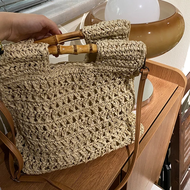 Uchwyt bambusowy torebka słomkowa ręcznie tkane torby plażowe dla kobiet lina papierowa dziewiarskie torebka ratanowa kwadratowe torba na ramię Crossbody nowe