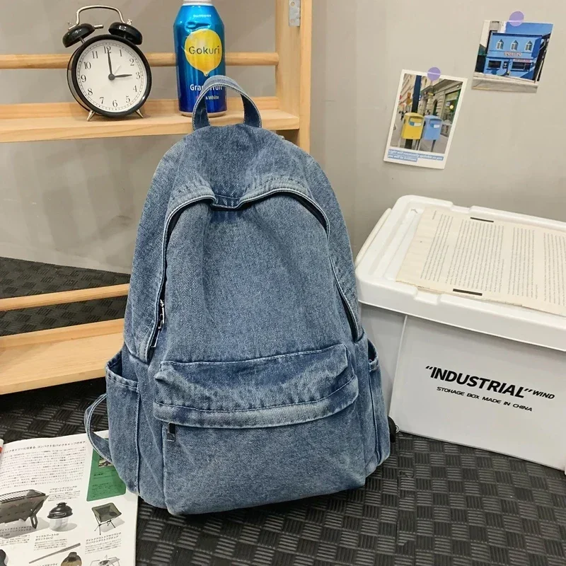 Mochila jeans de alta capacidade feminina, mochilas pendulares, bolsas com zíper, cor sólida simples, 2024