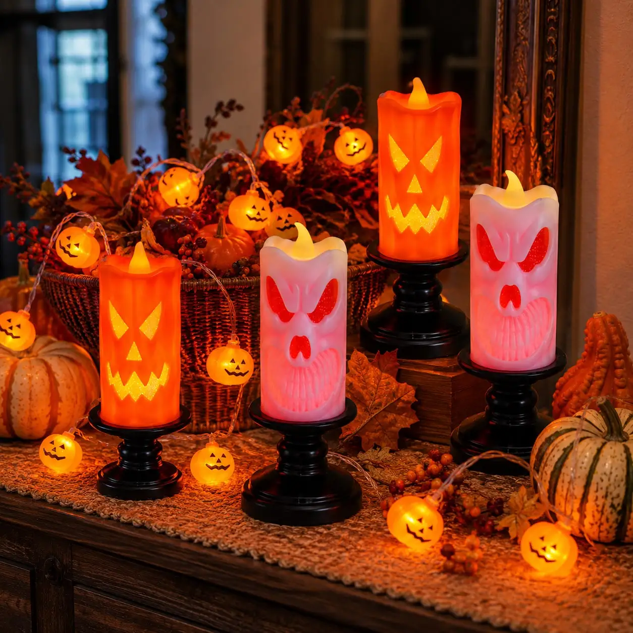 UMEUC 5pcs Flickering Flameless LED Candles + 20LED Pumpkin String Lights + Skull Jack-O-Lantern Paper Bag Luminary, Battery Operated Halloween Tabletop Decor, Haunted House Party Supplies, Fall Thanksgiving Home Ornaments