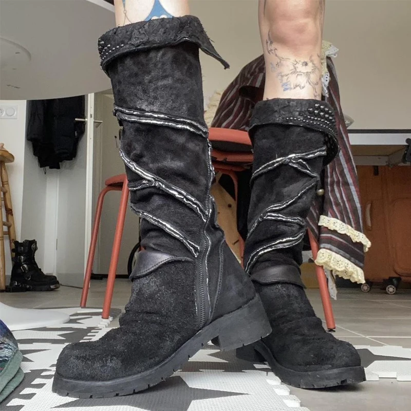 

Черные ковбойские сапоги в стиле вестерн с матовыми заклепками и круглым носком на толстом каблуке, женские зимние сапоги 2026, старомодные рыцарские сапоги до колена, длинные сапоги