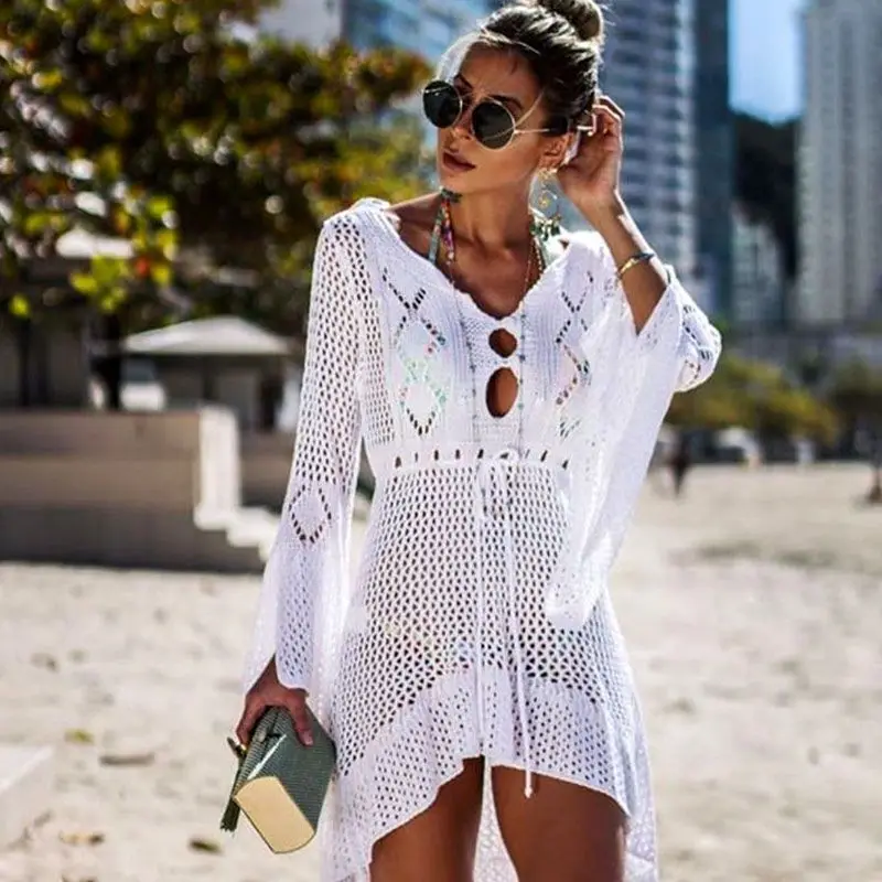 

Sexy Crochet Beach Dress 2024 - Sheer Knit Cover Up Maxi Dress Summer Sleeveless Hollow Out Tropical Resort Wear
