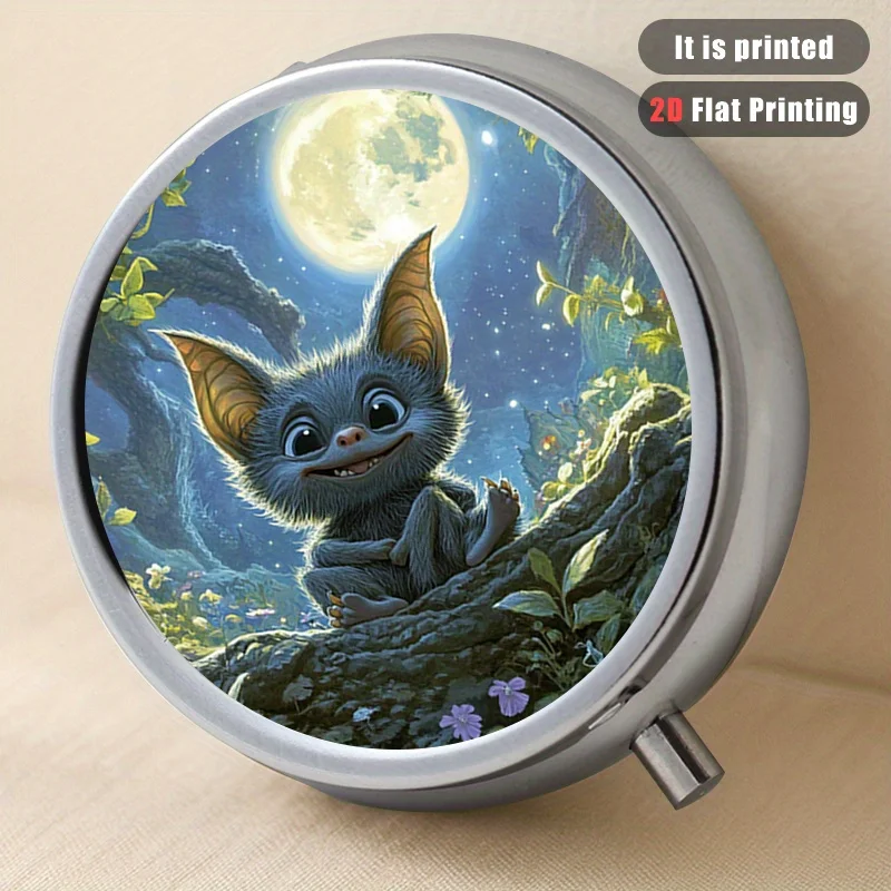 【Flat Printing】 1Pc Bat 34 Printed Round Multi-Purpose Metal Box, Metal Sheet Box, 3-Layer Portable Pocket-Sized Design, Suitable for Travel and Outdoor Activities, Multi-Layer Storage Box for Vitamins, Organizer Box, Small Gift Collection Box, Printing Position May Vary