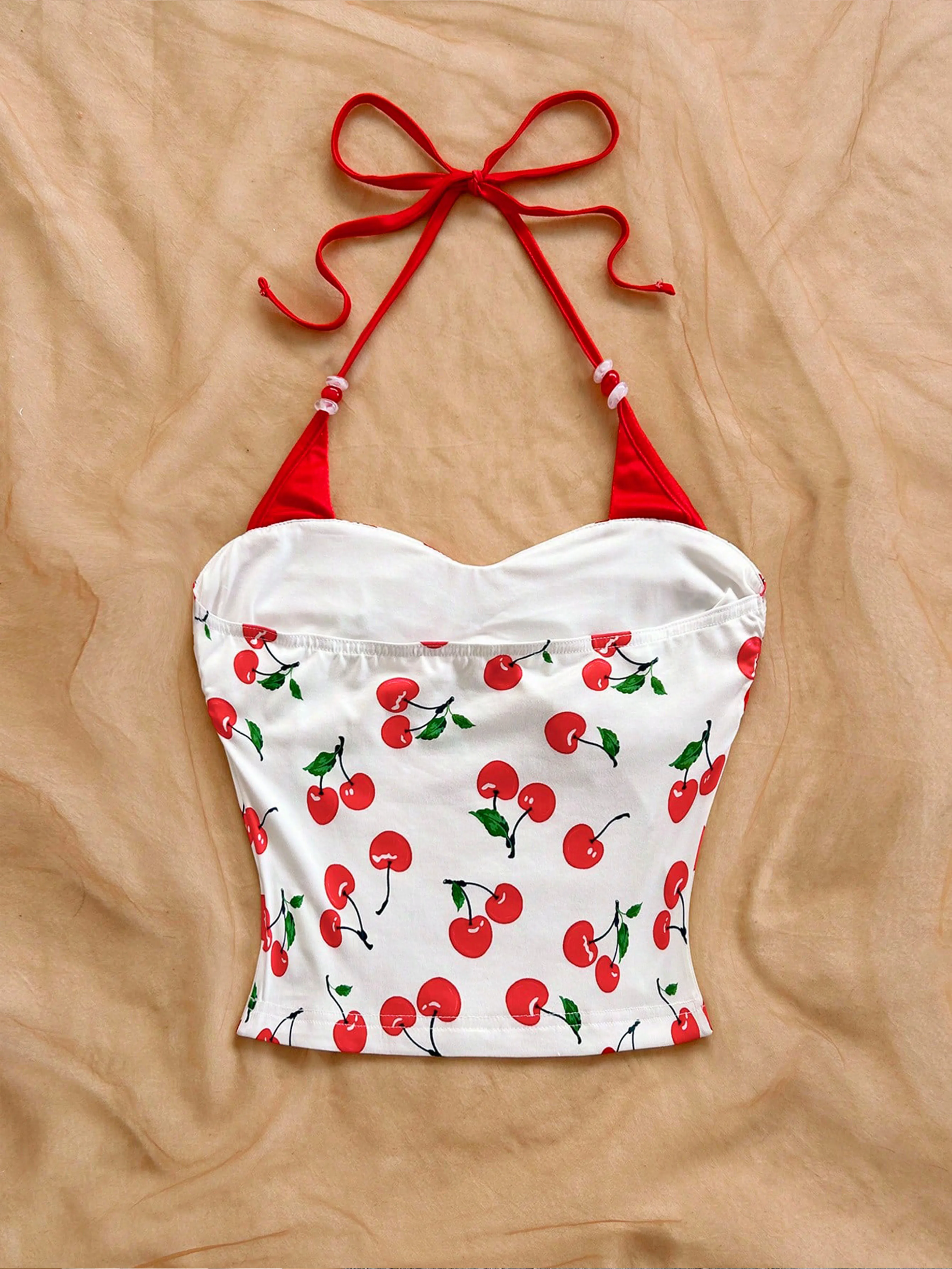 Damen-Neckholder-Top mit Kirschmuster und Farbblockierung, Sommer-Strandurlaub, Strandparty, Sommerparty – Detail 6