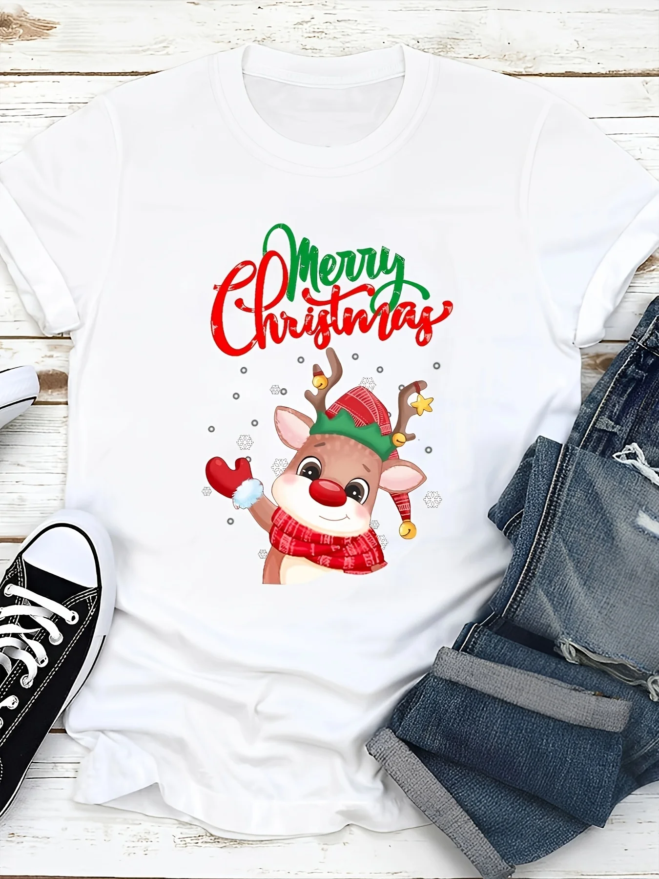 Little Deer Christmas Blessing Printed Women'S T-Shirt Harajuku Short Sleeve Casual Clothing Street Tops Tees Aesthetic Clothes