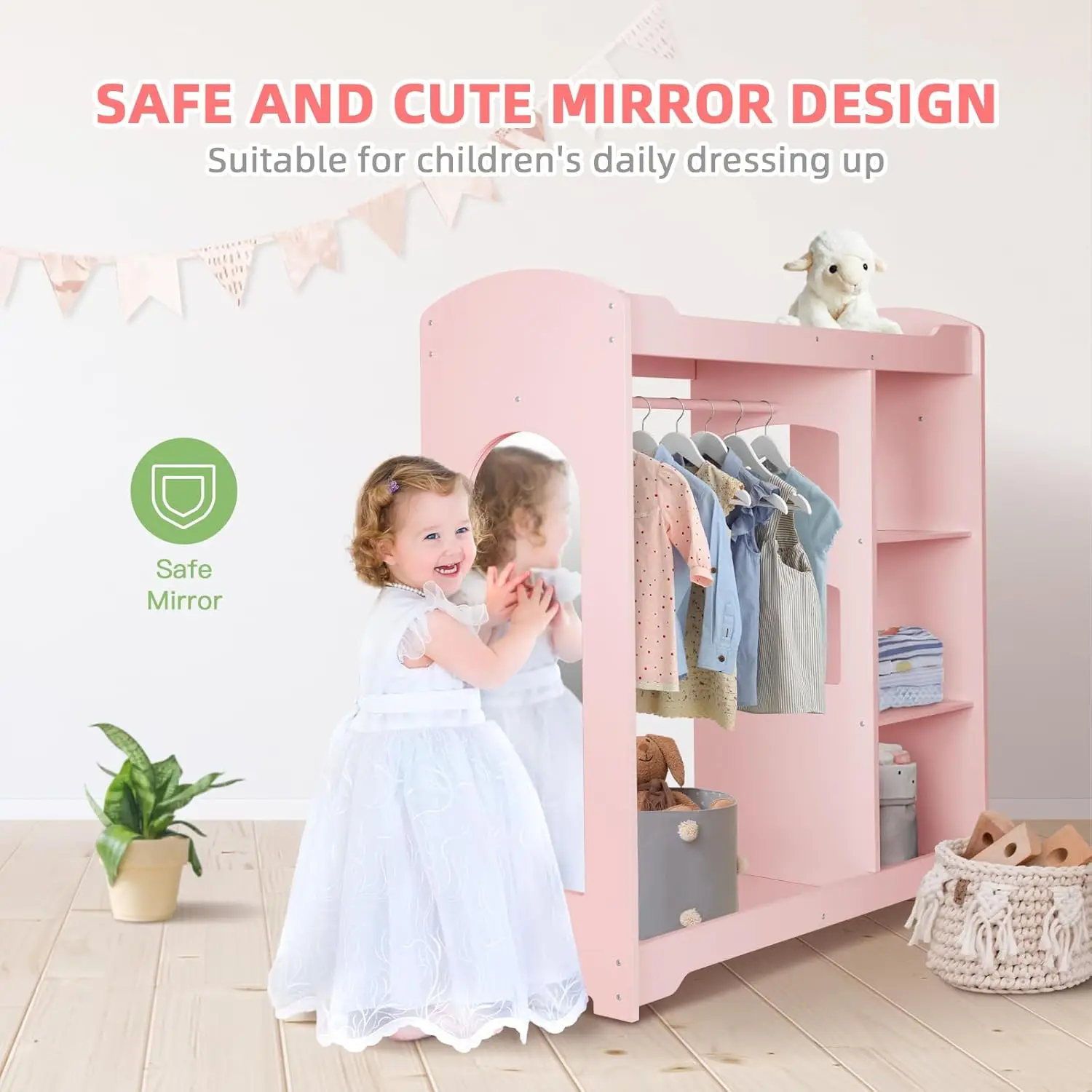 Kids Clothing Rack and Armoire with Mirror, Appropriate Height Kids Dress up Storage with Anti-tip Device, Helping Children Mana