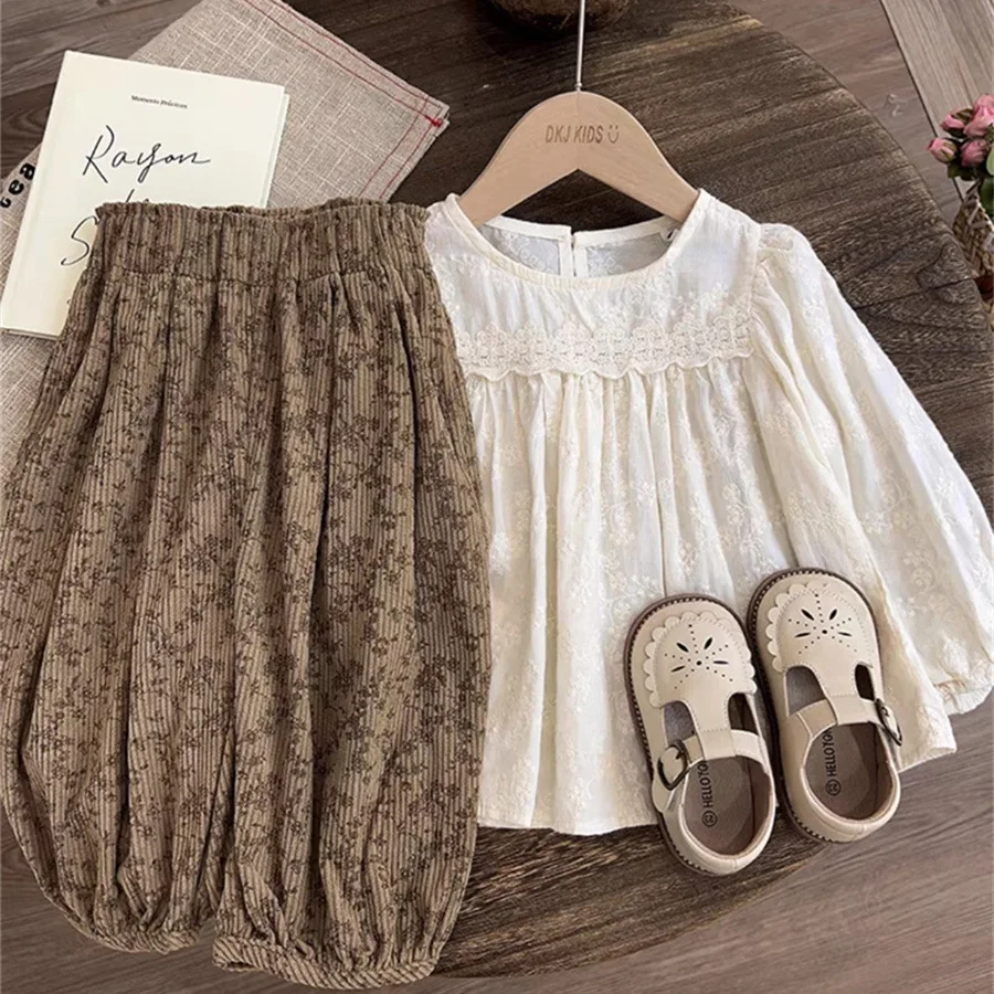 

Girls Sweet Suits Spring Autumn Children Baby Kids Long-Sleeved Embroidery Temperament Lace Shirt Fragmented Trouser Set