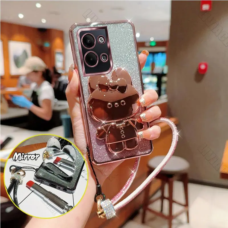 Reno7 Reno2 Diamond Strap Glitter Mirror Rabbit Phone Holder Case For Oppo Reno 7 2 Z 2Z 3 4 5 5K 6 6Z SE Pro 4G 5G Stand Cover