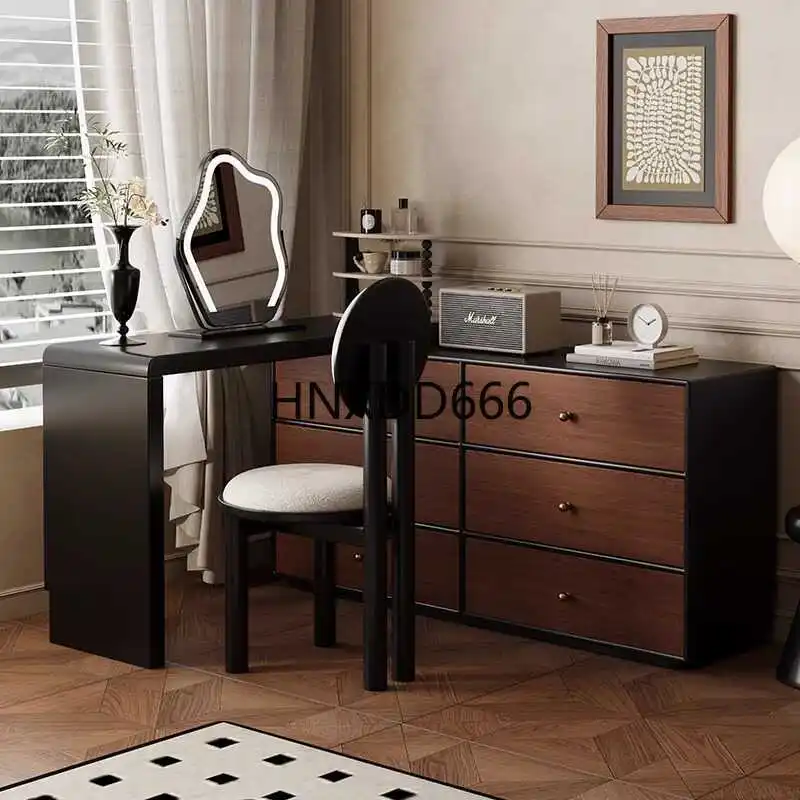 طاولة مكياج باللون الأسود من خشب الجوز مع مساحة تخزين وأثاث غرفة نوم مدمجة ومكتب مدمج مع أدراج لتوفير المساحة