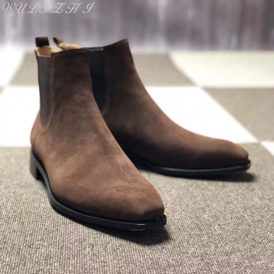 

Brown Vintage Low Heel Cowhide Chelsea Men's Leather Boots Designer Ankle Boots Handmade Genuine Leather Men Shoes Autumn