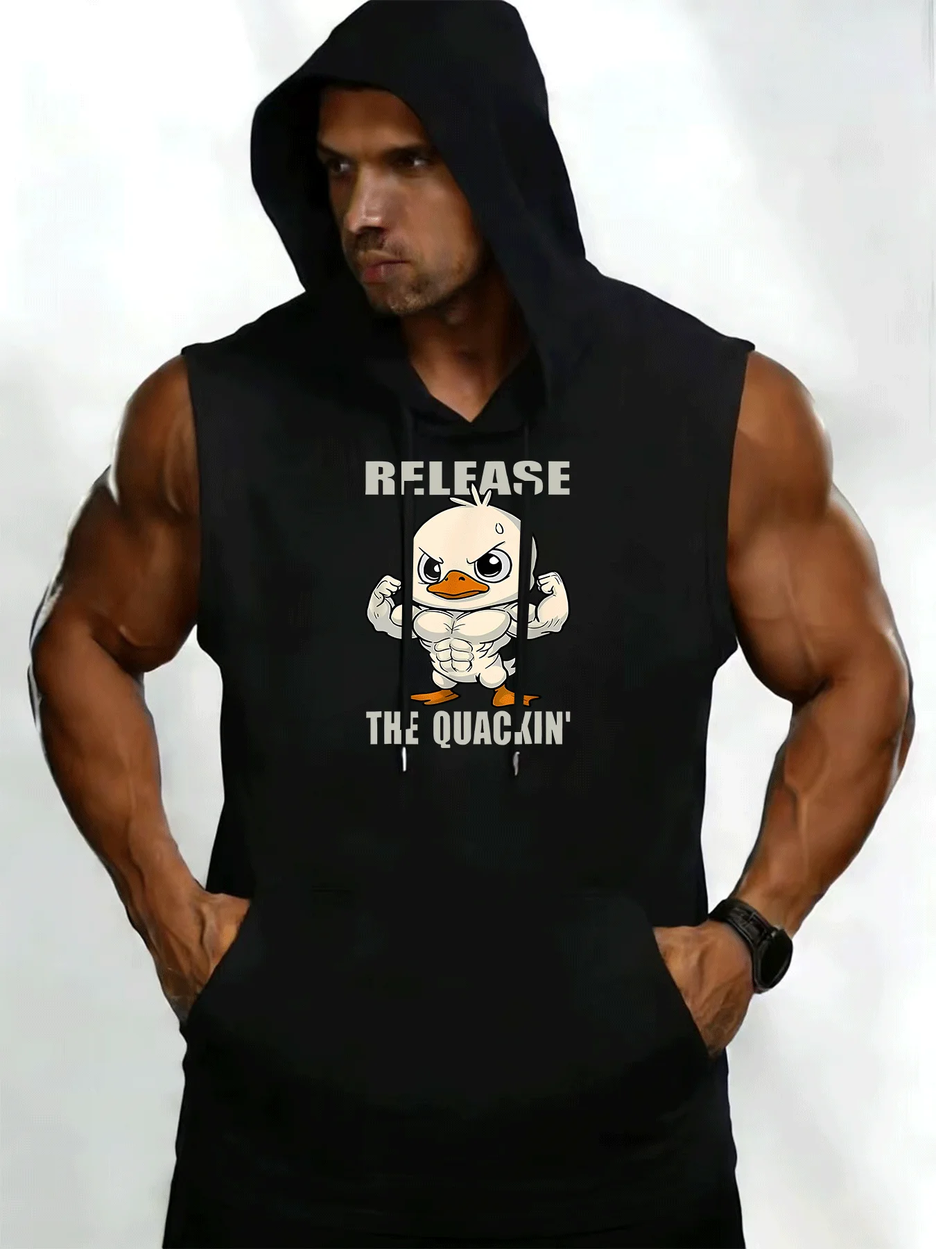 New summer men's pure white sleeveless hooded vest, polyester fiber sports hooded T-shirt, with kangaroo pockets
