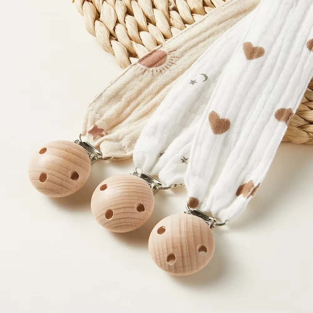 

New Cotton Gauze Pacifier Clip Chain Safe Wooden Print Nipple Holder Clips Anti-drop Pacifier Holder Pacifier