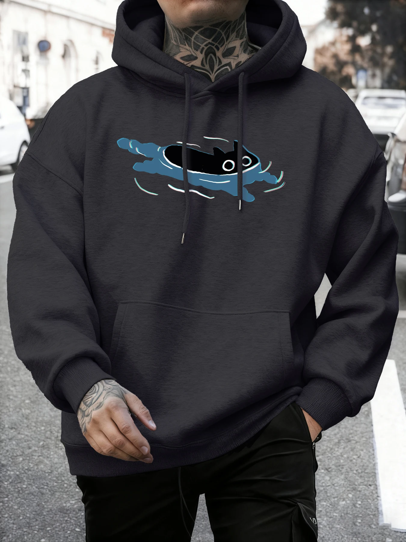 The Black Cat Swimming Printed Men Hoodie Hip Hop Fashion Sportswear O-Neck Vintage Long Sleeve Unisex Fleece Winter Pullovers