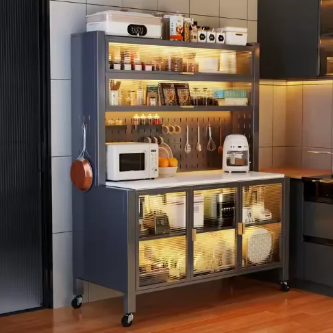 Metal Steel Tall Storage Cabinet With Translucent Door For Kitchen Or Utility As Organizer Cupboard