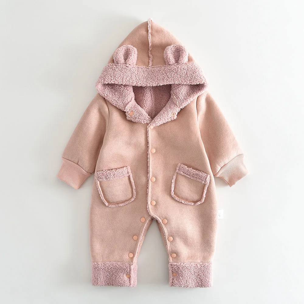 2026 Winter New Baby Long Sleeve Fleece Romper Solid Infant Boy Girl Warm Hooded Jumpsuit Plus Velvet Thick Toddler Clothes