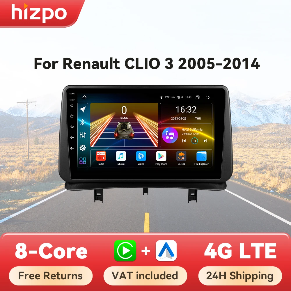 Hizpo Car Radio Autoradio for Renault Clio 3 2005 2006 2007-2014 Multimedia Player Wireless CarPlay Android Auto Stereo GPS 4G