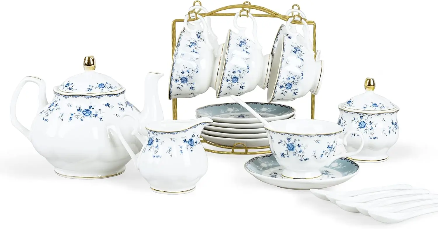 

15-Piece Blue Rose Porcelain Tea Set with Gold Trim, British Floral Teapot and Cups for 6