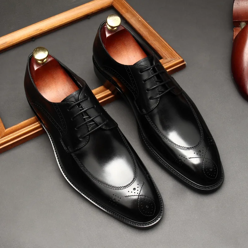 

Fashion Men Dress Leather Shoes Genuine Leather Classic Style Black Brown Lace Up Pointed Handmade Men oxford Formal Shoes