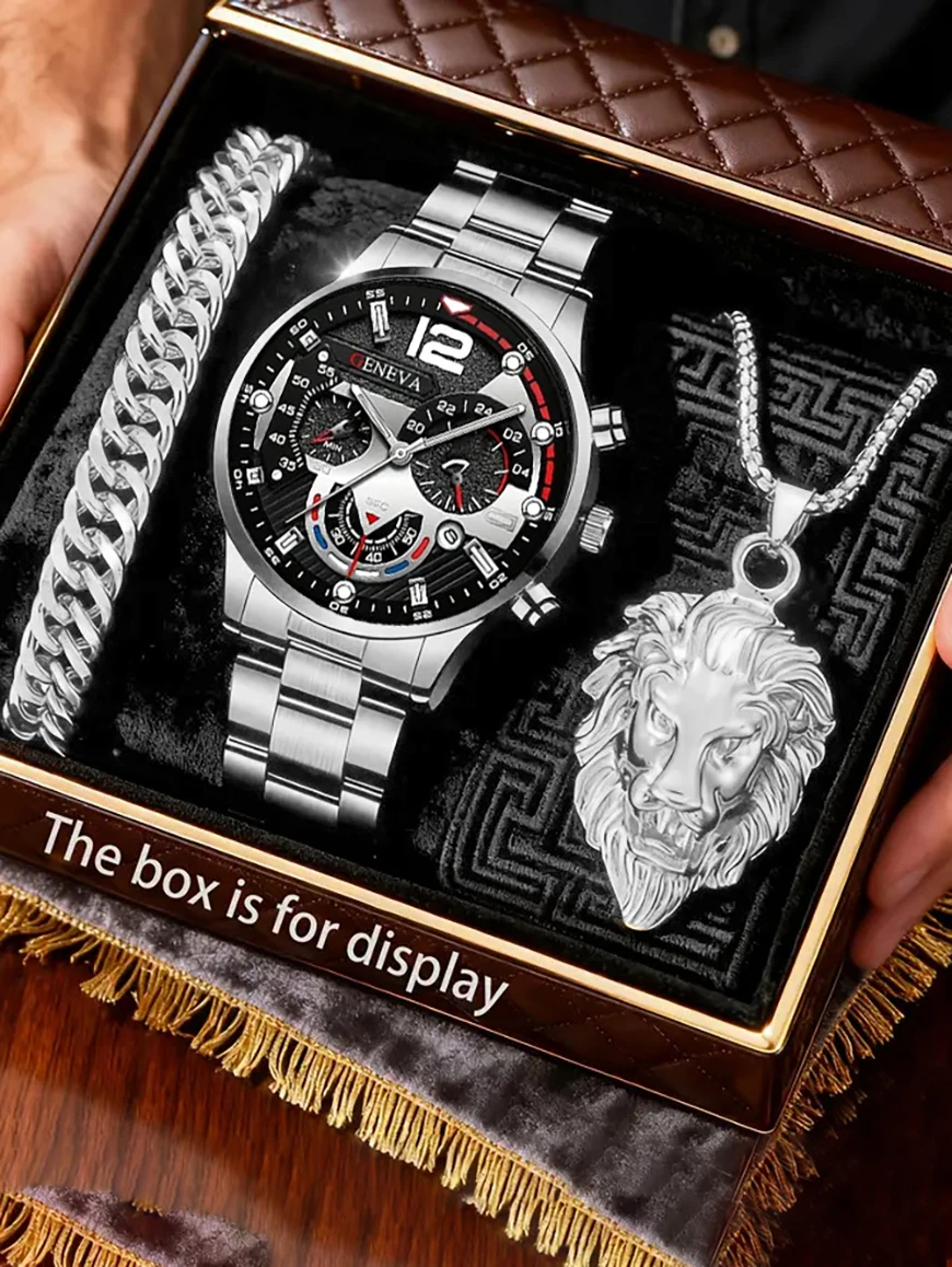 Men's Casual Fashion Quartz Watch with Calendar Lion Pendant Necklace Bracelet Set Holiday Gift