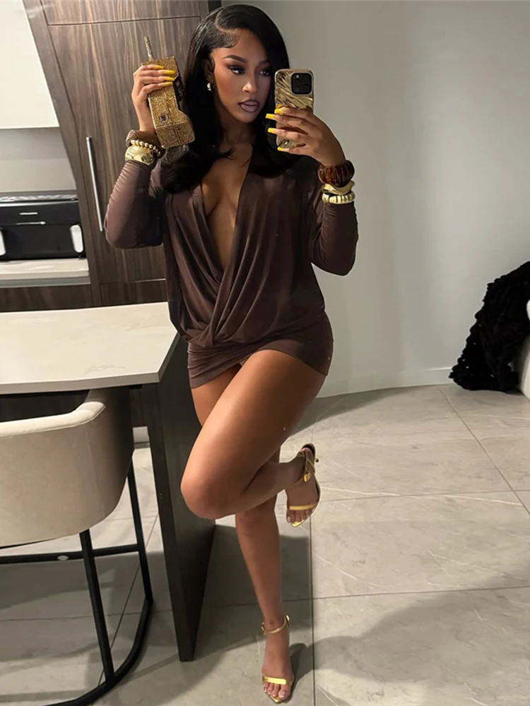 فستان قصير أنيق للسيدات من Sisterlinda برقبة على شكل حرف v وأكمام طويلة نحيل على شكل خوخ وورك منتصف الليل وحفلات مثيرة على الموضة الصلبة #3