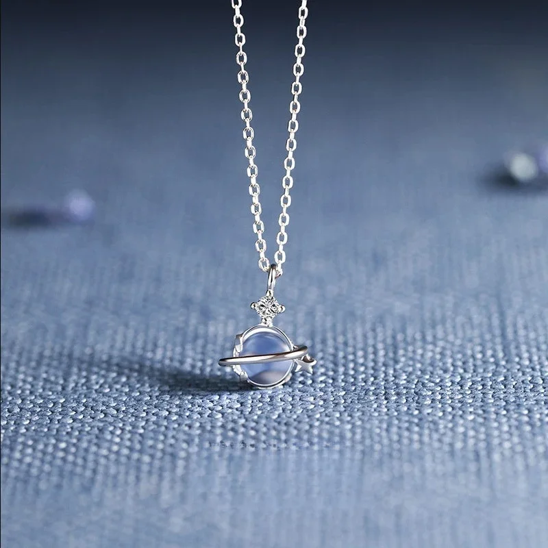 Hot-Seller Saturn Planet Pendant Necklace Transparent Blue Glass Orb Tiny Star Dainty Cosmic Theme Collar Jewelry For Women view 2