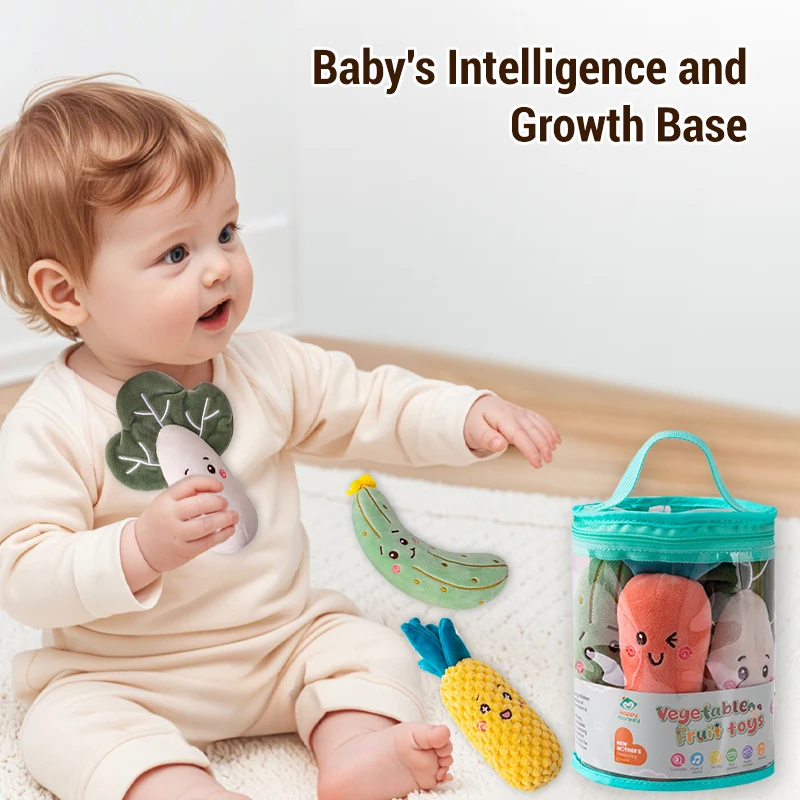 Soft Stuffed Baby Toy Cartoon Vegetables Fruits Hand Grip Rattle Sensory Toy for Toddlers Shaker Crinkle Learning Play