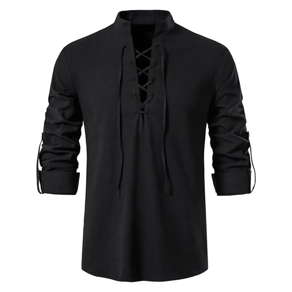 Spring Men Shirt Lace-up Strap Stand Collar Solid Color Long Sleeves Retro Casual Beach Style Pullover Mid Length Male Daily Top