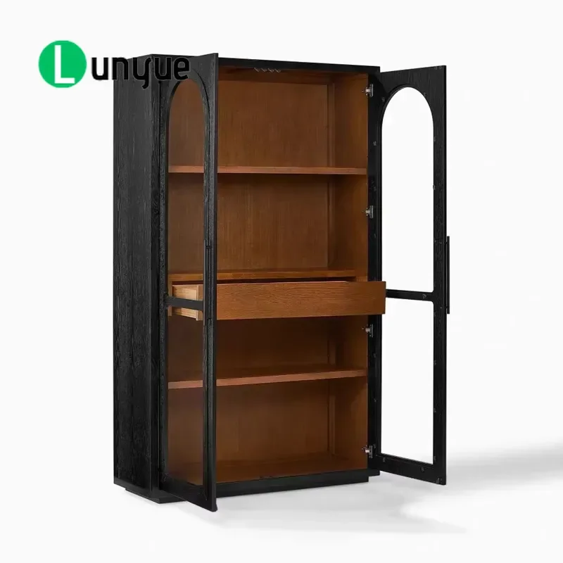 Retro Arched Glass Bookcase Medieval Style Floor to Ceiling Storage Display Cabinet Customizable Furniture for Living Room