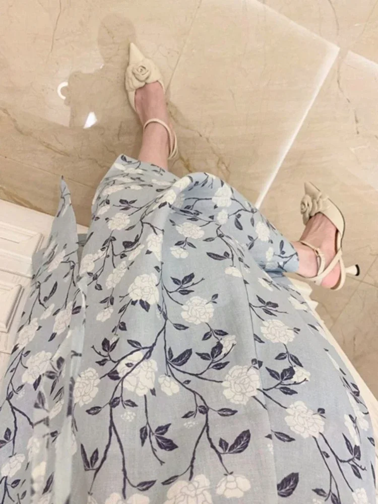 Short Sleeve Dresses A-line Chiffon Midi Floral Print Gentle Elegant Defined Waist Empire Spring Summer Vestidos Female Chic Ins