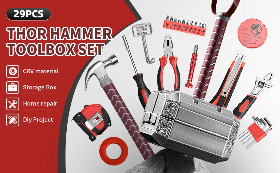 New Comic hammer tool set home hand tools box THOR Hammer not inclued kinf and test pencal