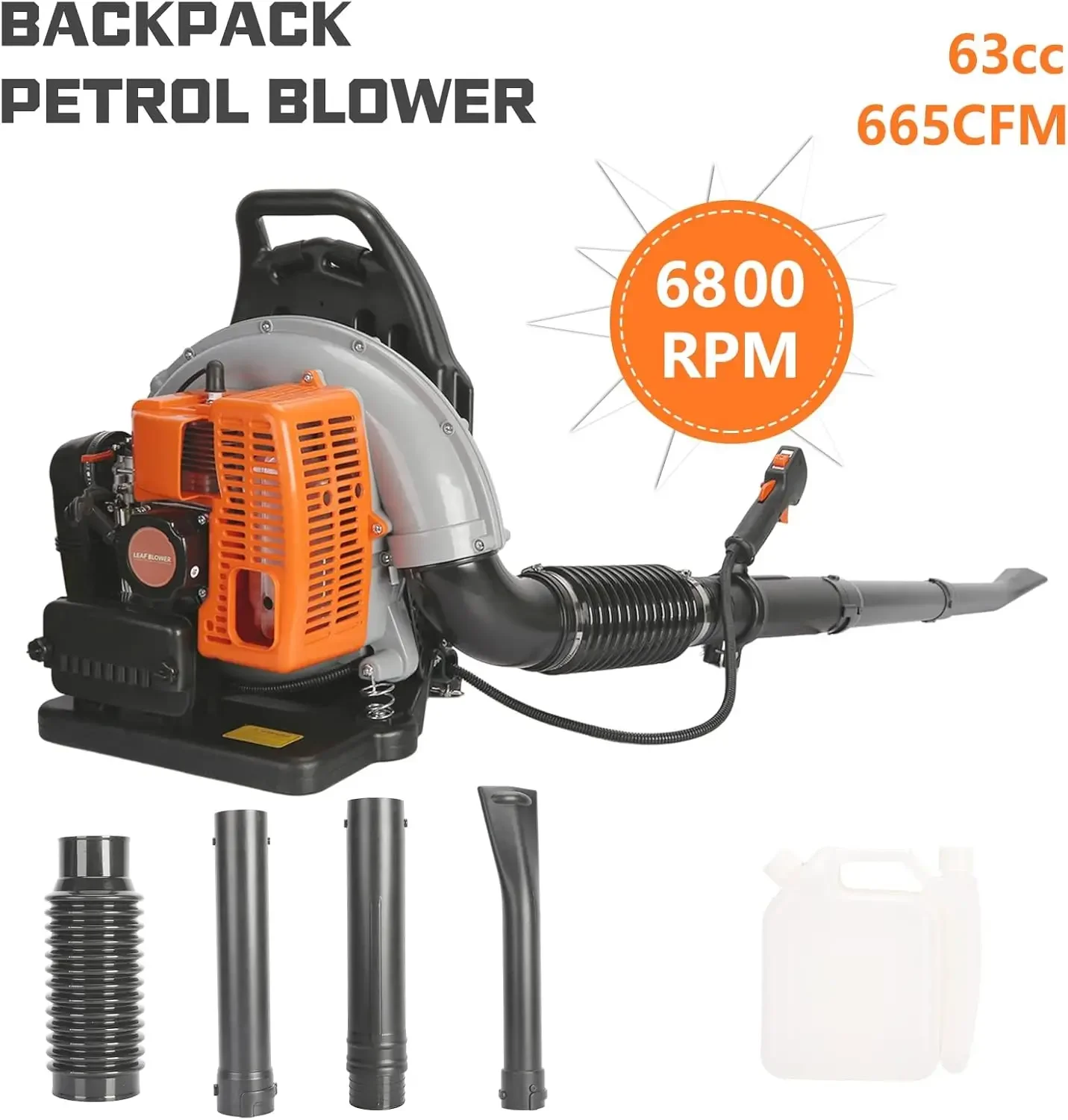 63CC 3HP 2 Stroke Backpack Gas Powered Leaf Blower, High Strength Snow Blower, Grass Lawn Blower Air Cooling Gasoline Backpack