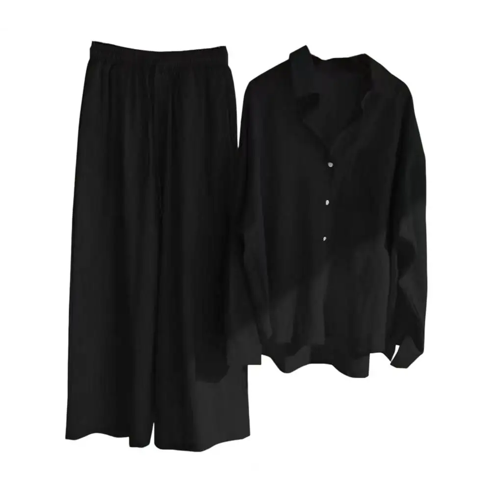 2 Pcs/Set Stylish Long Sleeves Comfortable Fall Blouse Trousers Suit Deep Crotch Wide Leg Women Tops Pants Set