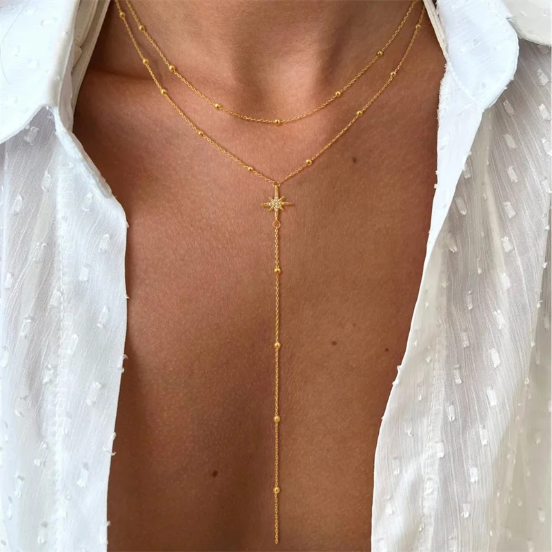 Gold Color Double Layered Long Tassel Chain Necklaces for Women Simple Metal Geometric Sun Bead Choker Girls Party Charm Jewelry