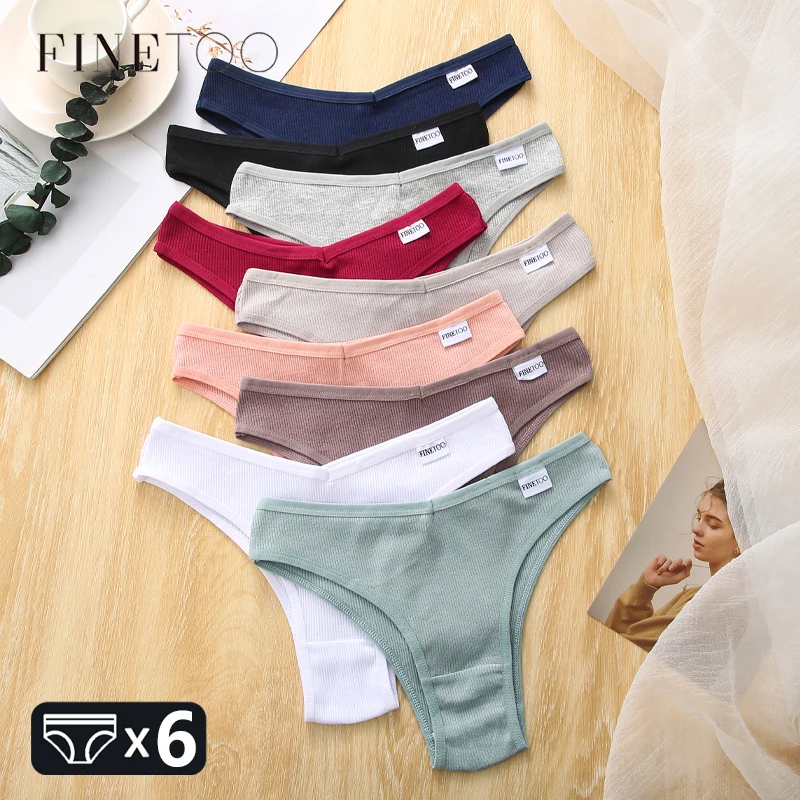 

FINETOO 6Pcs Cotton Striped Brazilian Panties Women's Breathable Briefs Female V Waist Underwear Low-Waist Comfort Lingerie M-XL