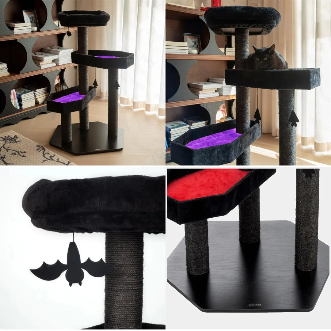 

Gothic Cat Tree with Coffin Bed - 40.9" Black Cat Tower with Soft Mats (Purple), Customized