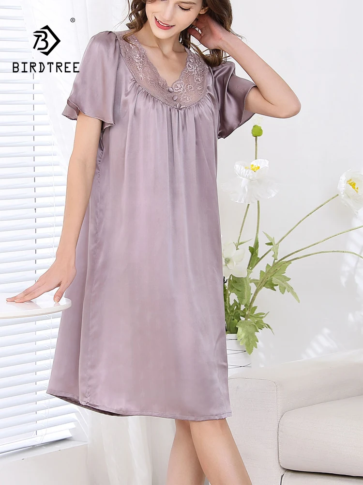 

BirdTree, 19MM 100%Real Silk Pajamas Dress, Women Short Sleeve Solid Lace, Sexy Retro Loose Sleepwear, 2024 Summer New P439108QC