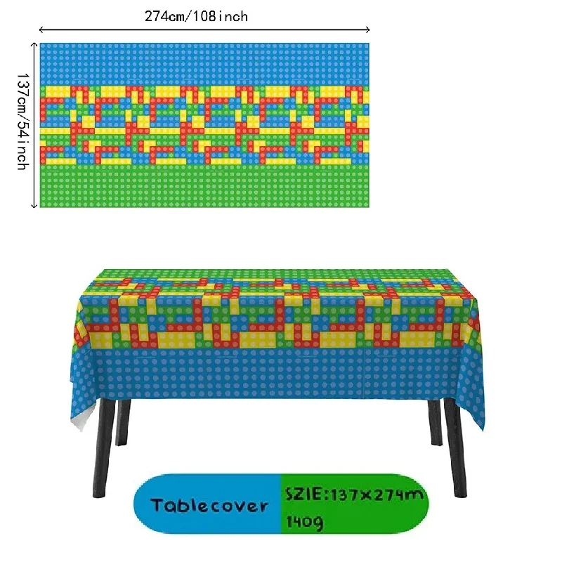 Building Block Brick Style Tablecloth Stylish Cartoon Figures Birthday Party Gamer Decor Disposable Table Cover Gift Supply Kit - view 2