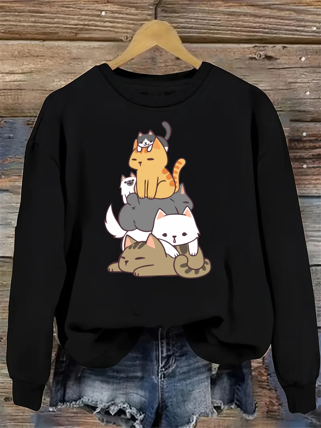 

Cartoon Stacked Cat Graphic Printing Autumn and Winter Cotton Men's and Women's Sweatshirts Outdoor Sports Leisure Fashion Trend
