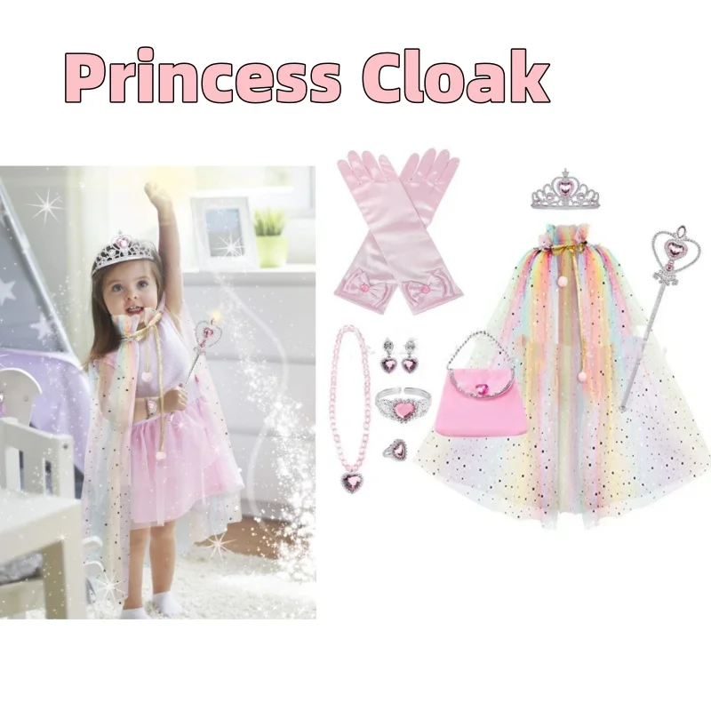 

Princess Cloak Halloween Carnival Girl Crown Wand Necklace Earrings Rings Gloves Set Accessories Props Party Accessories