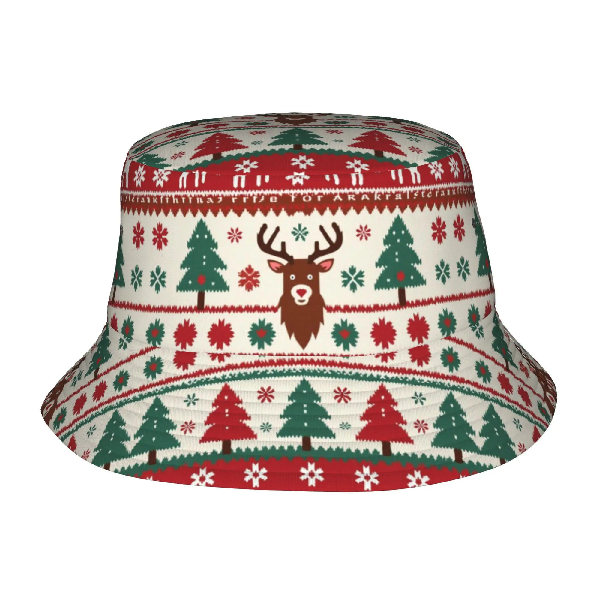 1pc Christmas Bucket Hat Unisex Outdoor Sun Hat with Reindeer Snowflake Design White with Red Green Accents