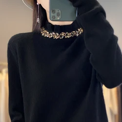 23Fall Winter New Woolen Sweater Women's Fungus Collar Long Sleeve Pullover 100% Pure Wool Loose-Fitting Diamond Bottoming Shirt